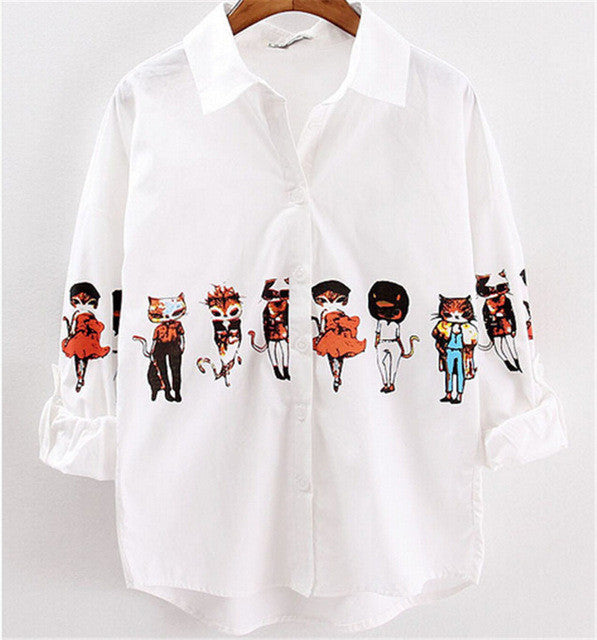 New Fashion Cartoon Print Shirts Women Button Half Sleeve Turn-down Collar Blouse Female Loose Casual Shirt Tops 31822 GS