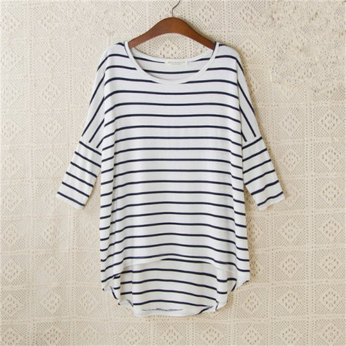 New Fashion Loose T-shirt Large Size O-neck 3/4 Sleeve tShirt Women Stripped Top 70830 GS