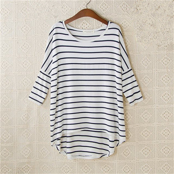 New Fashion Loose T-shirt Large Size O-neck 3/4 Sleeve tShirt Women Stripped Top 70830 GS