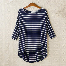 New Fashion Loose T-shirt Large Size O-neck 3/4 Sleeve tShirt Women Stripped Top 70830 GS