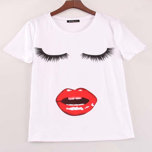 New Fashion Short Sleeve Plus Size T-shirts Female T shirts Print Tops Red Lip Mouth Women Clothing 70603 GS
