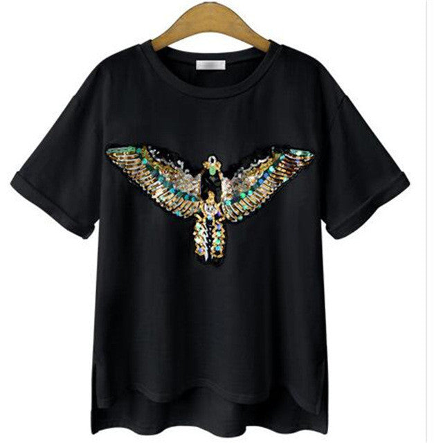 New Fashion Short Sleeve Plus Size T-shirts Female Wing Print Appliques T shirts Women Clothing Top 71047 GS