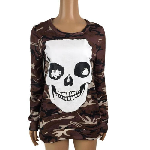 New Fashion Skull T shirt Camouflage Print Women Long Sleeve  Tee Tops O-Neck T-Shirts Women Clothes camiseta mujer GS