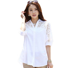 New Fashion Summer Chiffon White Blouse Women Plus Size Tops Casual Half Sleeve Turn-down Spring Lace Shirt 70665 GS