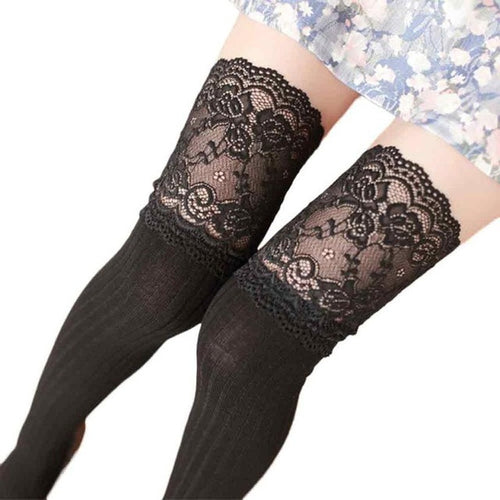 New Fashion Thigh High Cotton Lace Splicing Over The Knee Long Cotton Solid Warmer Soft Thigh High Stockings 1128# GS