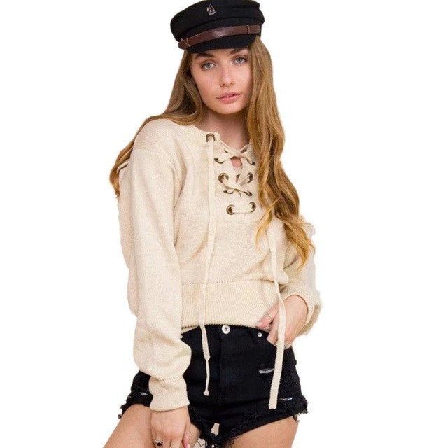 New Fashion Tops Women Knitted Long Sleeved Short Sytle Lacing Knitting Casual Loose Women Tops Ropa Mujer GS