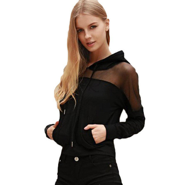 New Fashion Women Sexy Lace Splice Shoulder Transparent  Tops Long Sleeved Hooded Casual Short Tee Shirts Femme Black GS