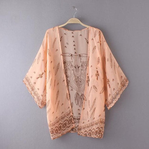 New Fashion Women Shirts Tops Print Ladeis Three Quarter blouses Long Chiffon Kimono Beachwear Cover Up Women Clothing SY GS
