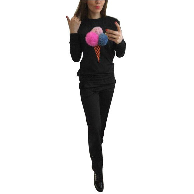 New Fashion Women Sweatshirt Plush Ball   Long Sleeve Women Two Piece Set Long Pants + 1 PCS Tops Outfit Women GS
