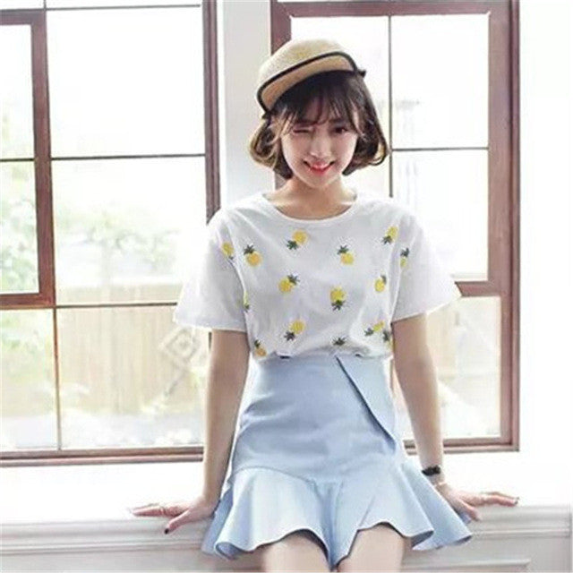 New Fashion Women clothing Short T shirts Pineapple Print t-shirt Women Top Short Sleeve Female Fruit tops 71678 GS