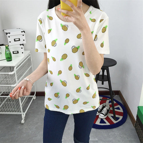 New Fashion Women clothing T shirts Pineapple Letter Print t-shirt Women Top Short Sleeve Female Fruit tops 71683 GS