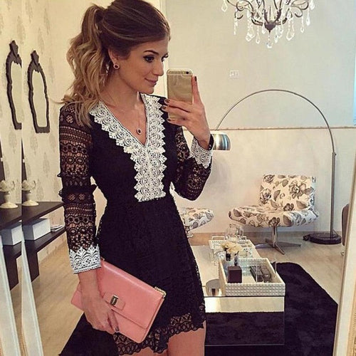 New Fashion  Korean Style Women Sexy Lace Dress Solid Long Sleeve Ladies Dresses Black Color Women Patry dresses GS