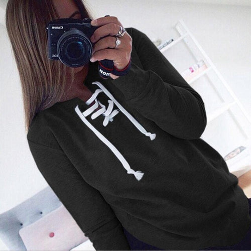 New Fashion t shirt women Lacing Up cotton Solid  Long Sleeve V Neck t-shirt women clothes tee shirt femme camisetas GS