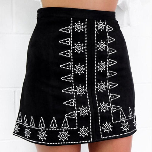 New FashionWomen Empire High Waist Embroidery Tube Suede Mini Skirt Women Black Brown Pencil Bodycon Skirts #1122Saia GS