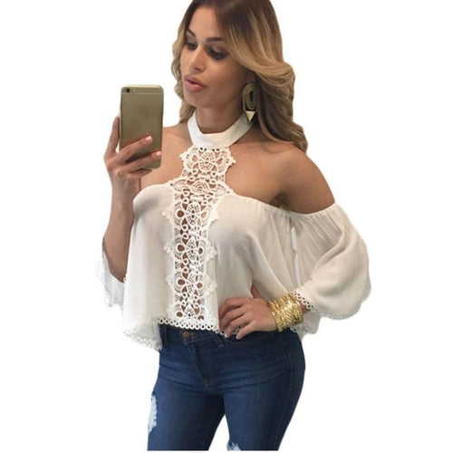 New Hot Off Shoulder Chiffon Shirt Women Sexy Lace Backless Long Sleeve  Casual Loose Tops Ladies Blouse Blousa GS