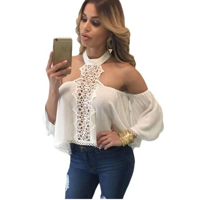 New Hot Off Shoulder Chiffon Shirt Women Sexy Lace Backless Long Sleeve  Casual Loose Tops Ladies Blouse Blousa GS