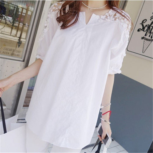 New Plus Size Women Clothing S-5XL Half Sleeve Shirts O-neck Lace Shoulder Patchwork Blouse Fashion Cotton Blouse 70659 GS