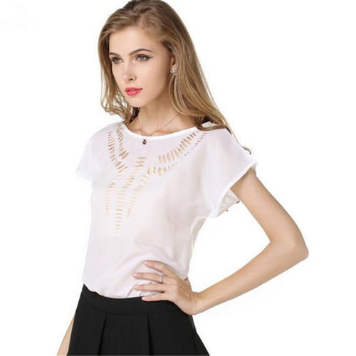New Short Sleeve Fashion T-shirts Large Size Female T shirts Floral Hollow Out Print Tops Women Chiffon t shirt 71262 GS
