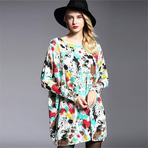 New Sweater Women Plus Size Pullover Medium-long Print Woman O-neck Full Sleeve Loose Sweater 71776 GS