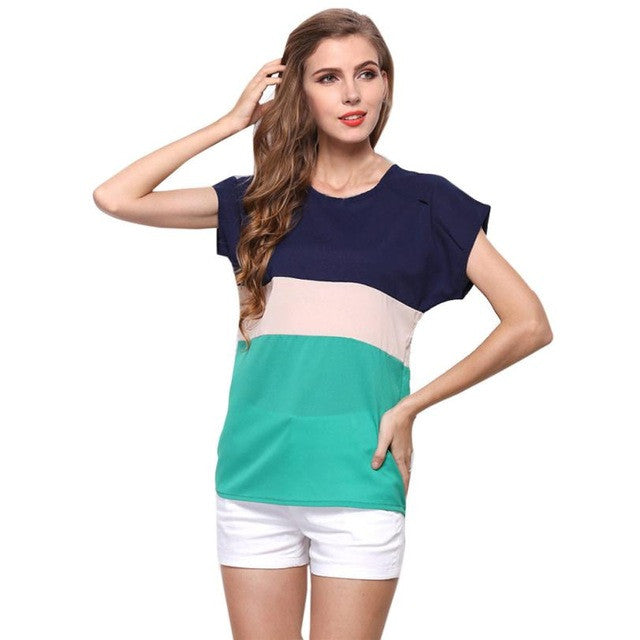 New Women Clothes Plus Szie S-3XL Chiffon  Tops Slim Striped Short Sleeve Casual Womens Blouses Ladies Blusas Mujer Y GS