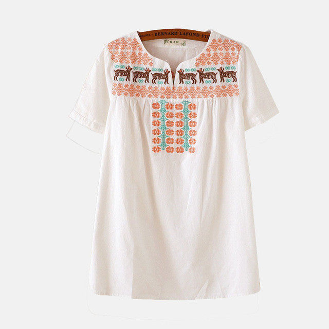New Women T shirt Cotton and Linen Embroidery Print T-shirt Women O-neck Top Short Sleeve Female tops 70886 GS