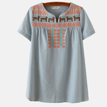 New Women T shirt Cotton and Linen Embroidery Print T-shirt Women O-neck Top Short Sleeve Female tops 70886 GS