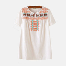 New Women T shirt Cotton and Linen Embroidery Print T-shirt Women O-neck Top Short Sleeve Female tops 70886 GS