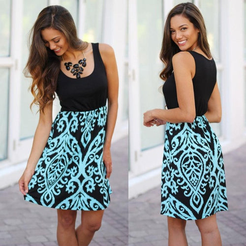Sexy Women Damask Print  Dress O Neck Sleeveless Polyester Slim Fashion Mini Club Dress women Dress vestido GS