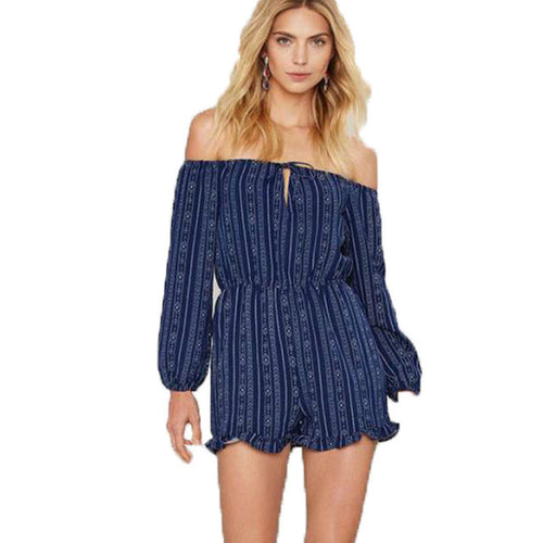 Sexy Women Playsuits Off Shoulder Half Sleeve Stripe Jumpsuit Bodysuit Party Pants Combinaison Short Femme GS