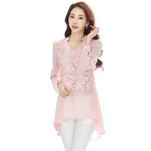 Spring New Fashion Women Blouse V-neck Full Tee Shirt Long Chiffon Casual Blouses Lace Plus Size S-2XL Blusas 70658 GS