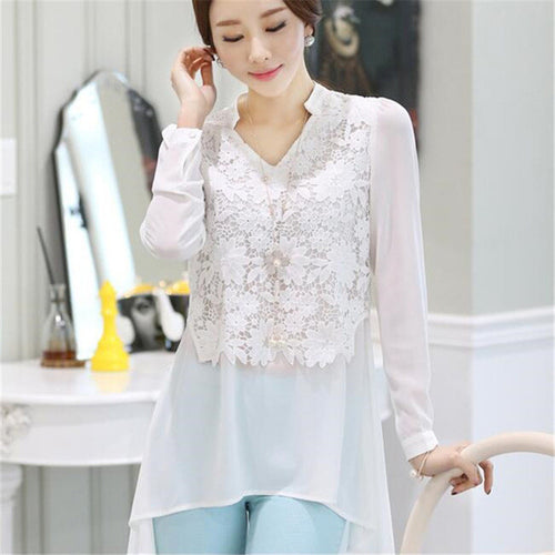 Spring New Fashion Women Blouse V-neck Full Tee Shirt Long Chiffon Casual Blouses Lace Plus Size S-2XL Blusas 70658 GS