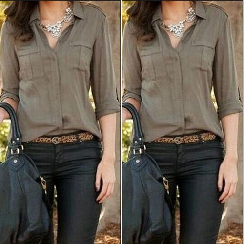 Women Chiffon Shirts Army Green Shirt Sexy Fashion Lapel Loose Female Shirts Casual Shirt Womens Clothes GS
