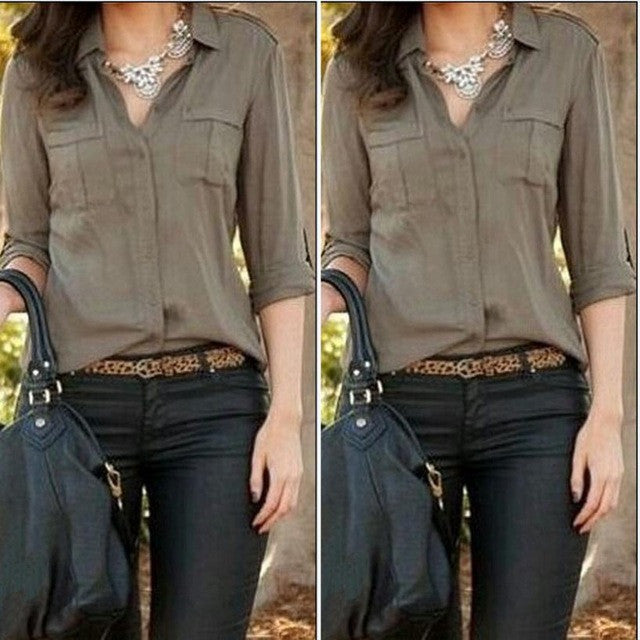 Women Chiffon Shirts Army Green Shirt Sexy Fashion Lapel Loose Female Shirts Casual Shirt Womens Clothes GS
