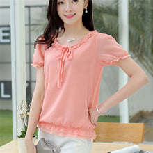Summer Female Short-sleeve Chiffon Shirt Loose Plus Size Women Ruffled Neck Blouse Summer Casual Tops Hot  31122 GS