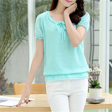 Summer Female Short-sleeve Chiffon Shirt Loose Plus Size Women Ruffled Neck Blouse Summer Casual Tops Hot  31122 GS