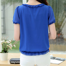 Summer Female Short-sleeve Chiffon Shirt Loose Plus Size Women Ruffled Neck Blouse Summer Casual Tops Hot  31122 GS