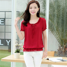 Summer Female Short-sleeve Chiffon Shirt Loose Plus Size Women Ruffled Neck Blouse Summer Casual Tops Hot  31122 GS