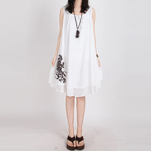 Summer New Women Knee-length Dress Sleeveless O-neck Loose Tank Dresses Vintage Embroidery Women Vestidos Plus Size 71224 GS