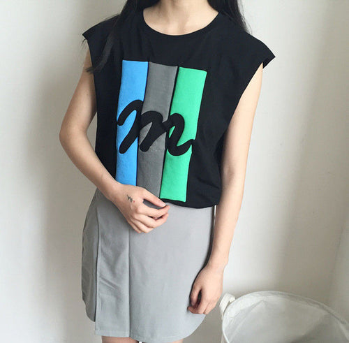 Summer New Women T-shirt Fashion Letter M Print Sleeveless Women Casual Tops Tees College Wild Girl T Shirt 71186 GS