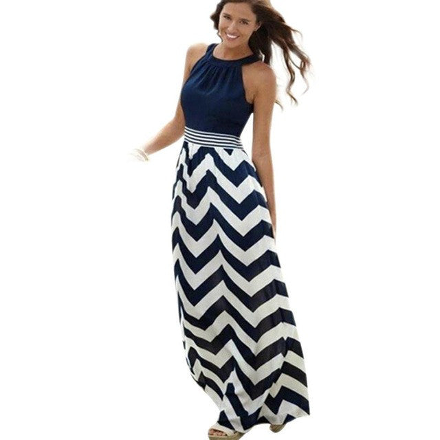 Style Women New Sexy Long Maxi Dress Evening Party Beach Dresses Ladies Striped Blue Dress Women robe femme YU GS