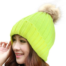 Skullies Beanies Women Knitted Faux Fur Pompom Cap Solid Crochet Hats Female Fashion Chapeu Feminino 12 Colors GS