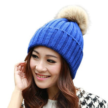 Skullies Beanies Women Knitted Faux Fur Pompom Cap Solid Crochet Hats Female Fashion Chapeu Feminino 12 Colors GS