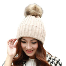 Skullies Beanies Women Knitted Faux Fur Pompom Cap Solid Crochet Hats Female Fashion Chapeu Feminino 12 Colors GS