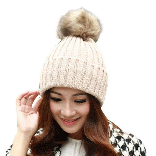 Skullies Beanies Women Knitted Faux Fur Pompom Cap Solid Crochet Hats Female Fashion Chapeu Feminino 12 Colors GS