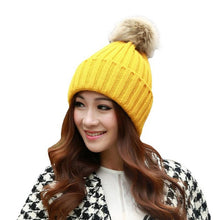 Skullies Beanies Women Knitted Faux Fur Pompom Cap Solid Crochet Hats Female Fashion Chapeu Feminino 12 Colors GS