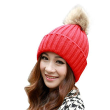 Skullies Beanies Women Knitted Faux Fur Pompom Cap Solid Crochet Hats Female Fashion Chapeu Feminino 12 Colors GS