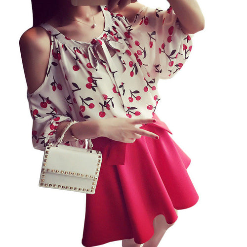 Women New Chiffon Plus Size Tops Full O-neck Cheery Batwing Sleeve Blouse Off Shoulder Floral Shirt 70471 GS