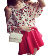 Women New Chiffon Plus Size Tops Full O-neck Cheery Batwing Sleeve Blouse Off Shoulder Floral Shirt 70471 GS