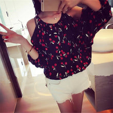 Women New Chiffon Plus Size Tops Full O-neck Cheery Batwing Sleeve Blouse Off Shoulder Floral Shirt 70471 GS