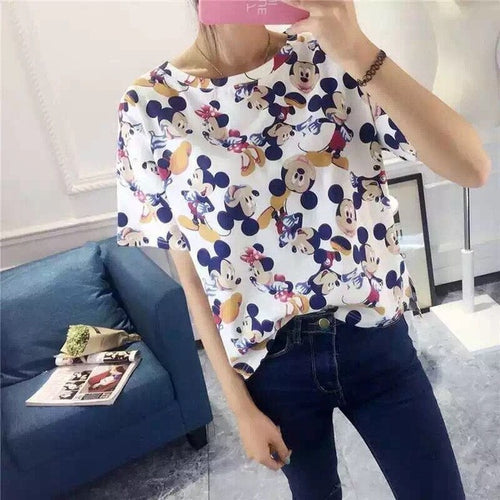 Women Summer Print T Shirt Casual Animal Print Woman Mouse Print Tops O-Neck Short Sleeve t-shirt 71438 GS